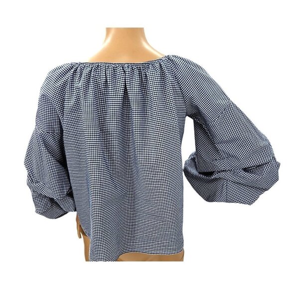 Favori Top Sz S 4 6 EU 38 Balloon Ruffle 3/4 Drop Sleeve Cropped Gingham Blue - Picture 5 of 12